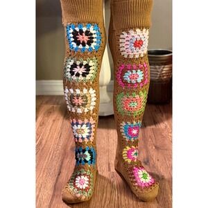 Handmade Crochet Granny Square Knee High Socks Brown Boho Hippie Festival‎
